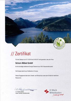 E-Werk Zertifikat für 100% Ökostrom